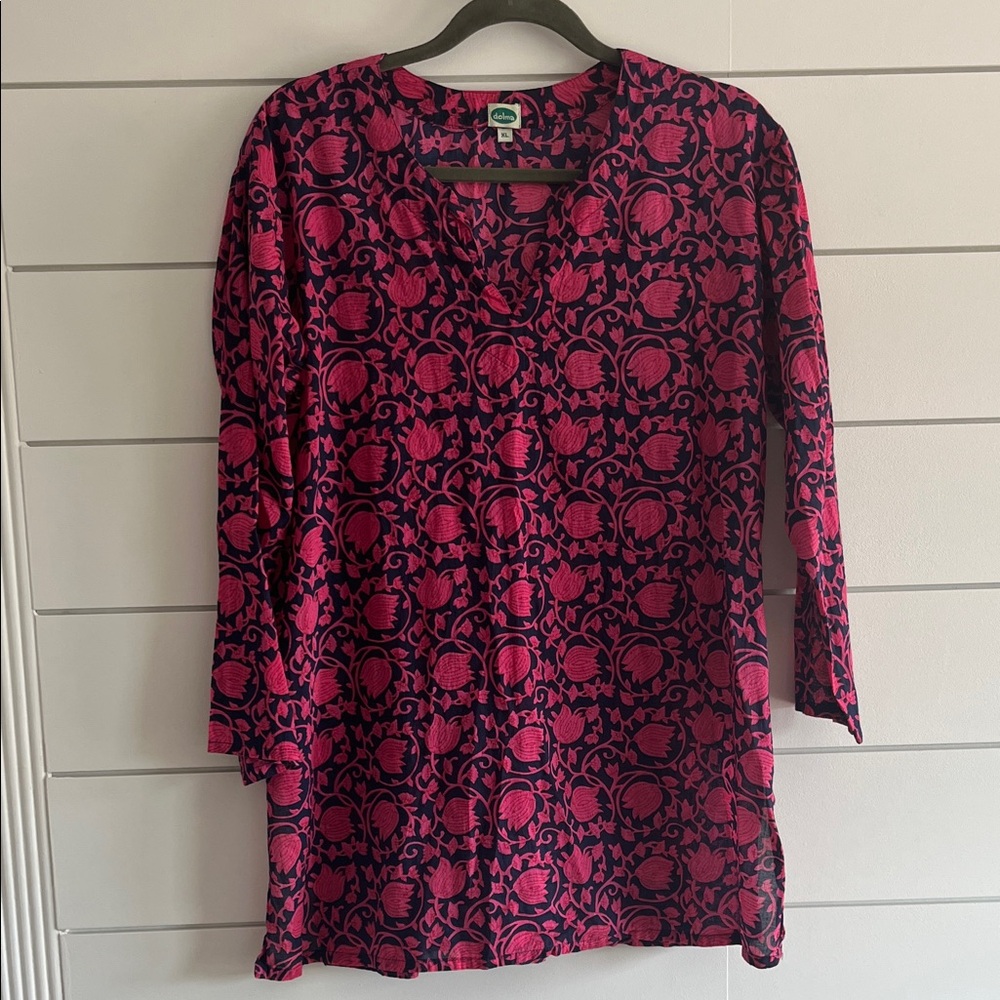 Dolma Pink and Navy Blue Cotton Patterned Women's Top